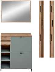 Garderoben-Set Schilf bestehend aus einem Spiegel, einem Schrank mit Schubladen und offenen Fächern sowie zwei vertikalen Holzpaneelen, frontale Ansicht.