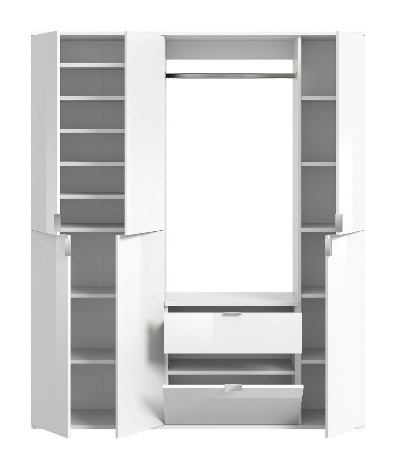 Weiße Garderobenkombination mit offenen Türen und Schubladen, frontale Ansicht