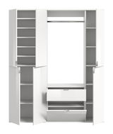 Weiße Garderobenkombination mit offenen Türen und Schubladen, frontale Ansicht