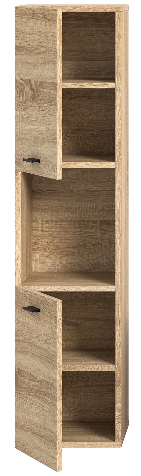 Hochformatiger Badschrank aus Holz mit zwei offenen Türen, die mehrere Regalfächer zeigen. Perspektive von vorne.