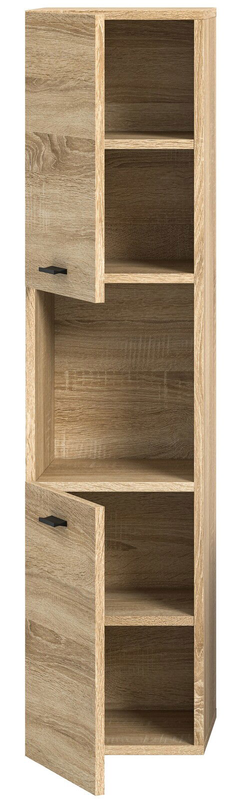 Hochformatiger Badschrank aus Holz mit zwei offenen Türen, die mehrere Regalfächer zeigen. Perspektive von vorne.