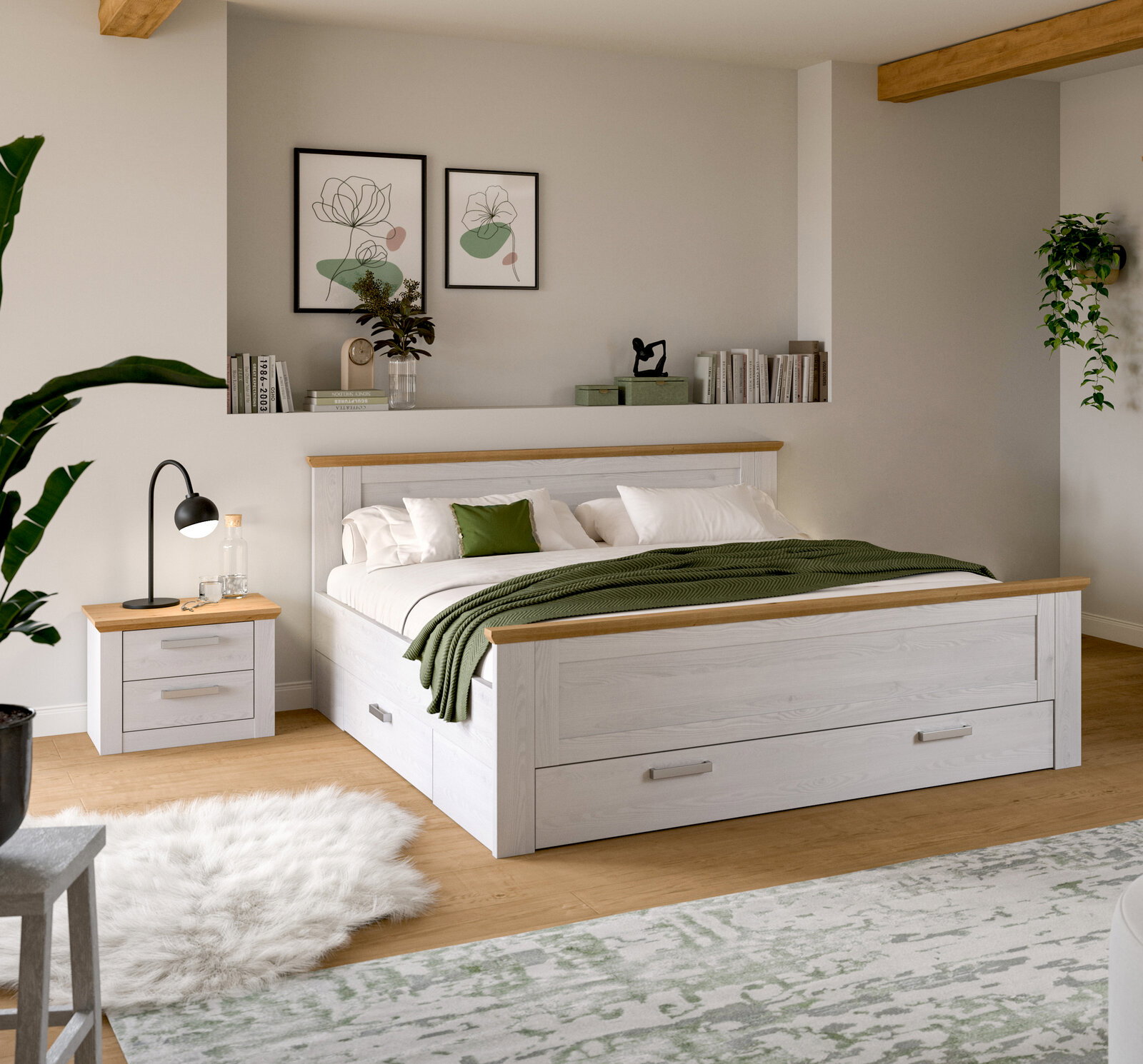 Modernes Schlafzimmer mit weißem Holzbett mit Eiche-Akzenten und integrierten Schubladen, grünem Plaid und Nachttisch Perspektive: frontale 3/4-Ansicht von schräg links.