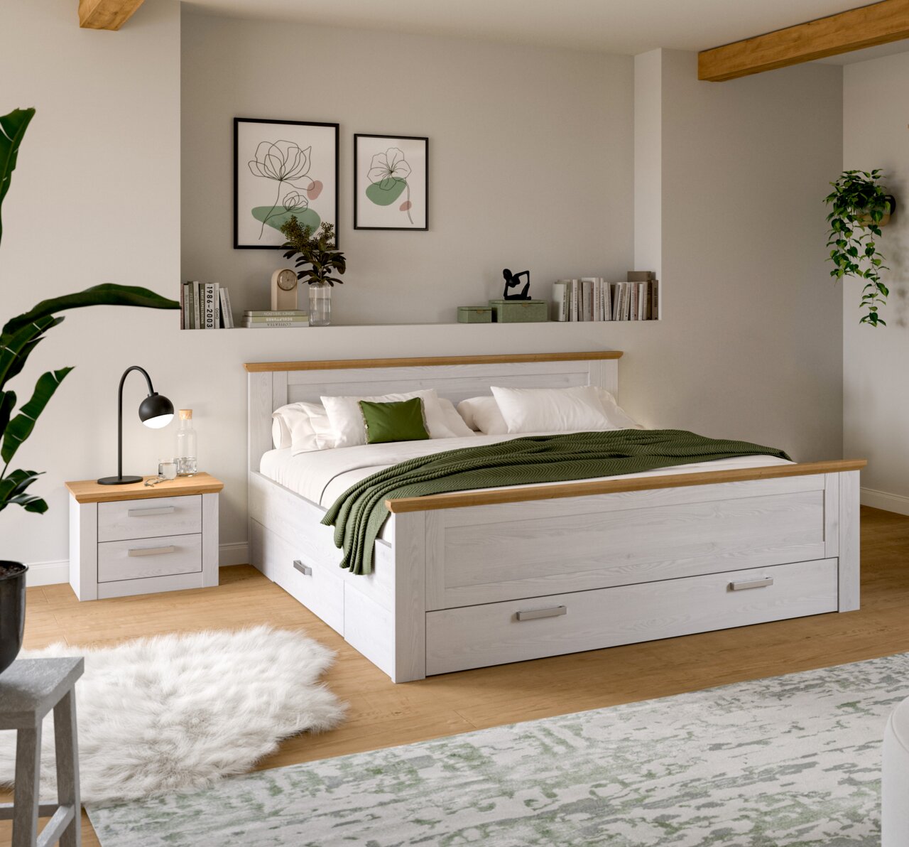Modernes Schlafzimmer mit weißem Holzbett mit Eiche-Akzenten und integrierten Schubladen, grünem Plaid und Nachttisch Perspektive: frontale 3/4-Ansicht von schräg links.