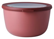 Runde, rosafarbene Multischüssel Vivid Mauve mit transparentem Deckel, seitliche Perspektive