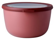 Runde, rosafarbene Multischüssel Vivid Mauve mit transparentem Deckel, seitliche Perspektive