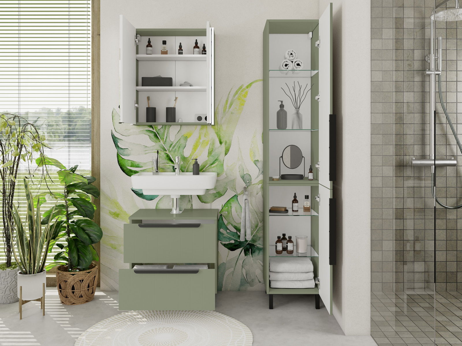 Moderner Badezimmer-Spiegelschrank in einem stilvollen, grünen Design, mit geöffneter Tür, die Regale mit Pflegeprodukten zeigt. Perspektive: Frontalansicht.