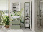 Moderner Badezimmer-Spiegelschrank in einem stilvollen, grünen Design, mit geöffneter Tür, die Regale mit Pflegeprodukten zeigt. Perspektive: Frontalansicht.