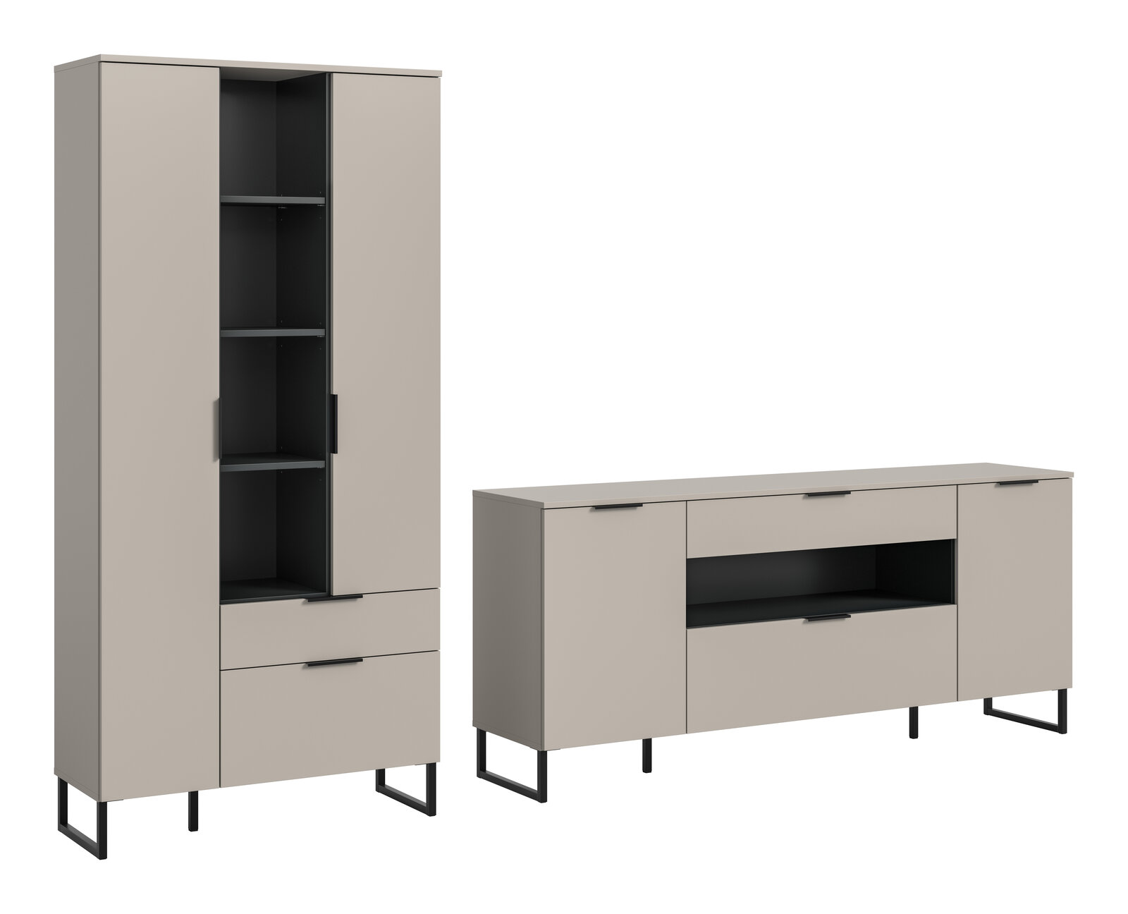 MID.YOU Wohnkombination NOIDA Modernes Sideboard und hoher Schrank in Taupe mit schwarzen Metallfüßen und Griffen, teils mit offenen schwarzen Fächern, freigestellt auf weißem Hintergrund, Frontansicht in leichter Perspektive von vorn