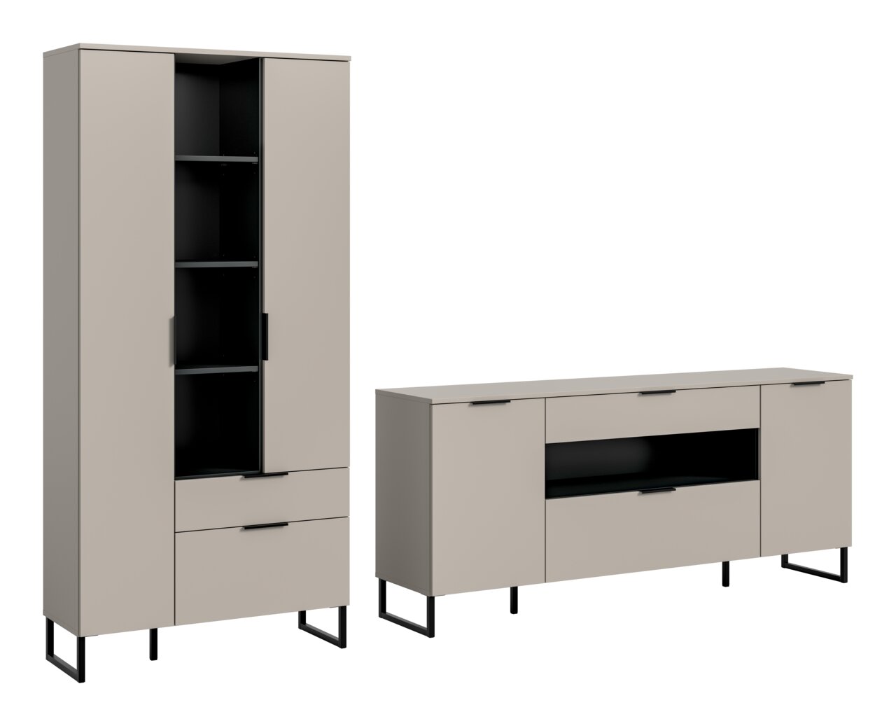 MID.YOU Wohnkombination NOIDA Modernes Sideboard und hoher Schrank in Taupe mit schwarzen Metallfüßen und Griffen, teils mit offenen schwarzen Fächern, freigestellt auf weißem Hintergrund, Frontansicht in leichter Perspektive von vorn