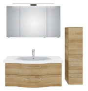 Badezimmermöbel-Set mit Spiegelschrank, Waschbeckenunterschrank und Hochschrank in Holzoptik, Frontalansicht