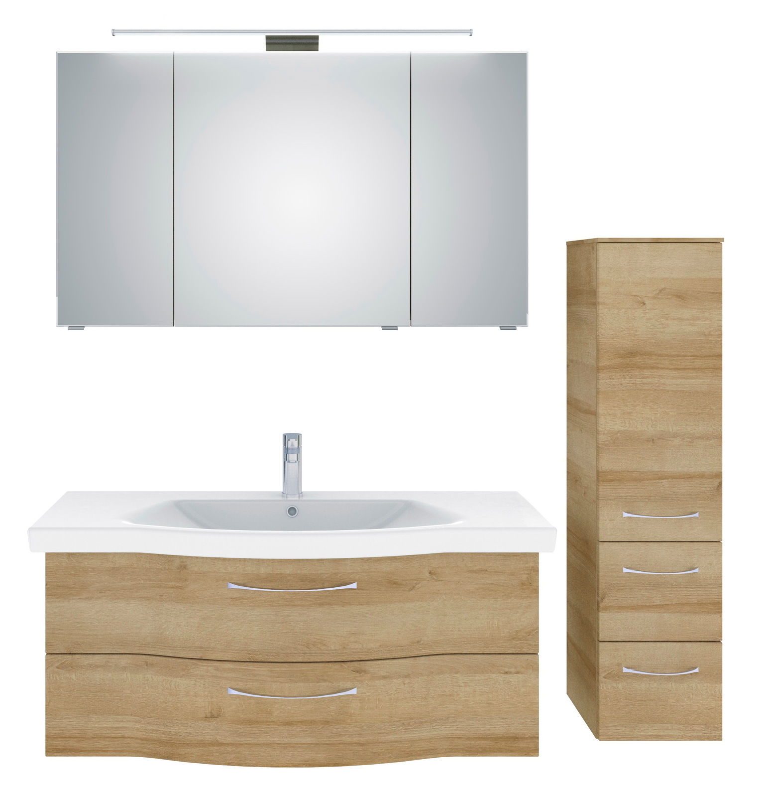 Badezimmermöbel-Set mit Spiegelschrank, Waschbeckenunterschrank und Hochschrank in Holzoptik, Frontalansicht