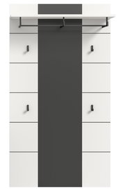 Moderne Garderobenpaneel-Kombination in Weiß und Anthrazit mit Hutablage, Kleiderstange und mehreren Haken, Frontalansicht.