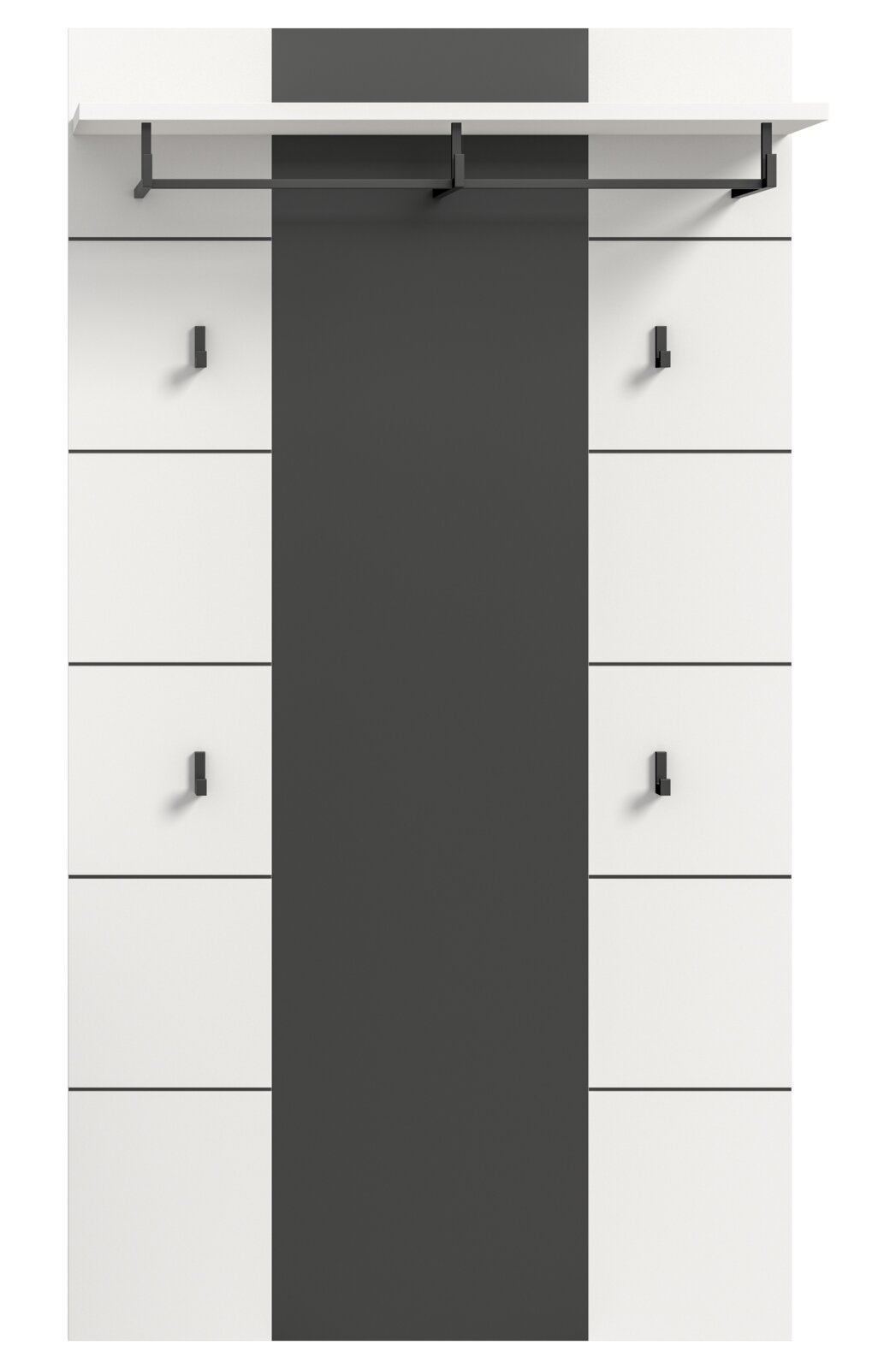 Moderne Garderobenpaneel-Kombination in Weiß und Anthrazit mit Hutablage, Kleiderstange und mehreren Haken, Frontalansicht.