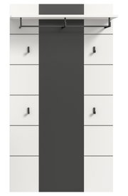 Moderne Garderobenpaneel-Kombination in Weiß und Anthrazit mit Hutablage, Kleiderstange und mehreren Haken, Frontalansicht.