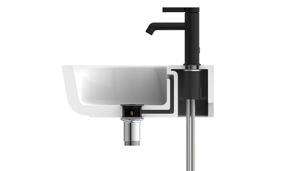 Querschnitt einer modernen schwarzen Waschtischarmatur mit Waschbecken, seitliche Perspektive