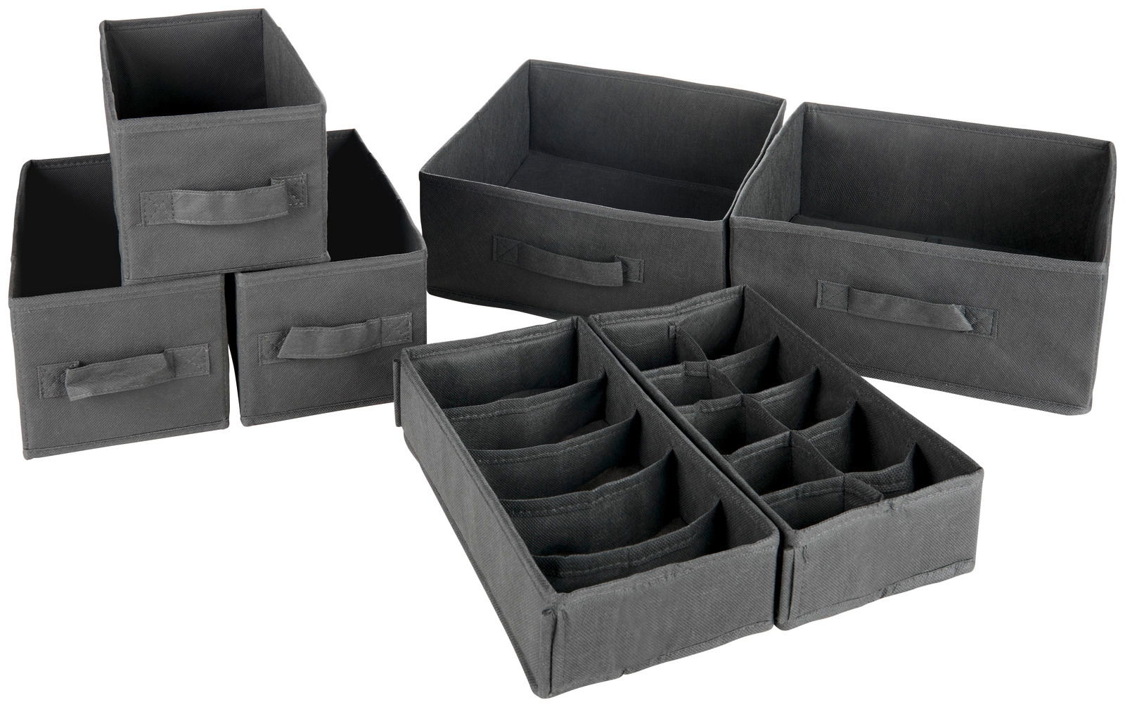 Set aus sieben schwarzen Aufbewahrungsboxen in verschiedenen Größen, frontal und leicht von oben fotografiert.