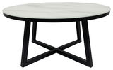 Runder Couchtisch mit weißer Marmorplatte und schwarzem Metallgestell, seitliche Perspektive