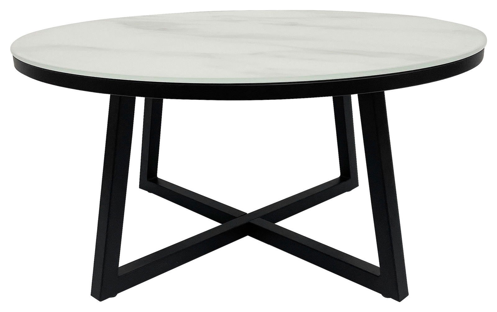 Runder Couchtisch mit weißer Marmorplatte und schwarzem Metallgestell, seitliche Perspektive