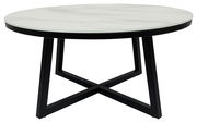 Runder Couchtisch mit weißer Marmorplatte und schwarzem Metallgestell, seitliche Perspektive