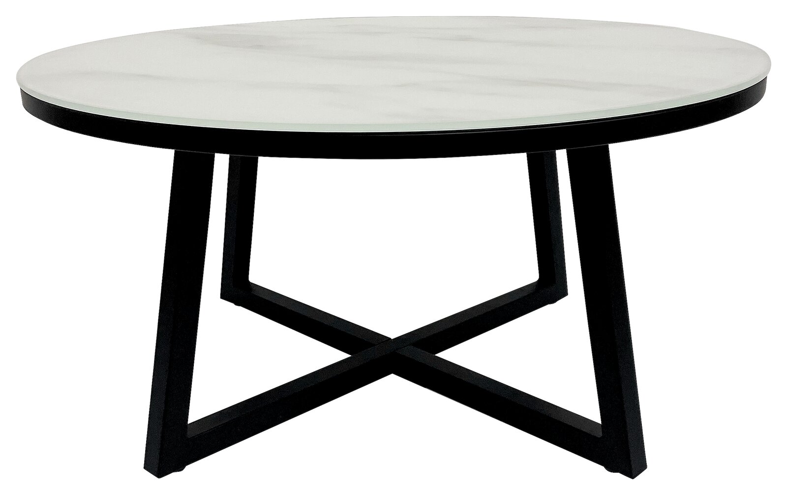 Runder Couchtisch mit weißer Marmorplatte und schwarzem Metallgestell, seitliche Perspektive