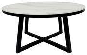Runder Couchtisch mit weißer Marmorplatte und schwarzem Metallgestell, seitliche Perspektive