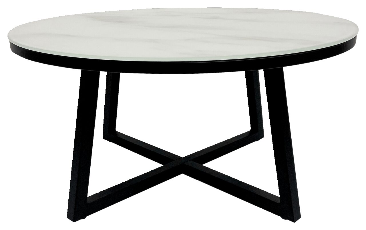 Runder Couchtisch mit weißer Marmorplatte und schwarzem Metallgestell, seitliche Perspektive