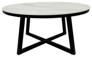 Runder Couchtisch mit weißer Marmorplatte und schwarzem Metallgestell, seitliche Perspektive