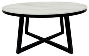 Runder Couchtisch mit weißer Marmorplatte und schwarzem Metallgestell, seitliche Perspektive