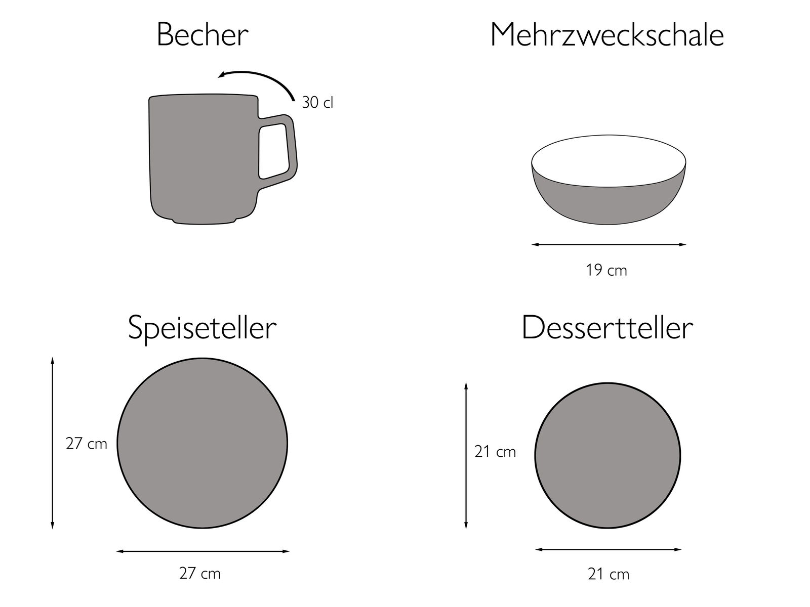 Illustration eines 16-teiligen Kombiservice-Sets mit Becher, Mehrzweckschale, Speiseteller und Dessertteller. Der Becher hat ein Fassungsvermögen von 30 cl, die Mehrzweckschale einen Durchmesser von 19 cm, der Speiseteller 27 cm und der Dessertteller 21 c