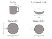 Illustration eines 16-teiligen Kombiservice-Sets mit Becher, Mehrzweckschale, Speiseteller und Dessertteller. Der Becher hat ein Fassungsvermögen von 30 cl, die Mehrzweckschale einen Durchmesser von 19 cm, der Speiseteller 27 cm und der Dessertteller 21 c