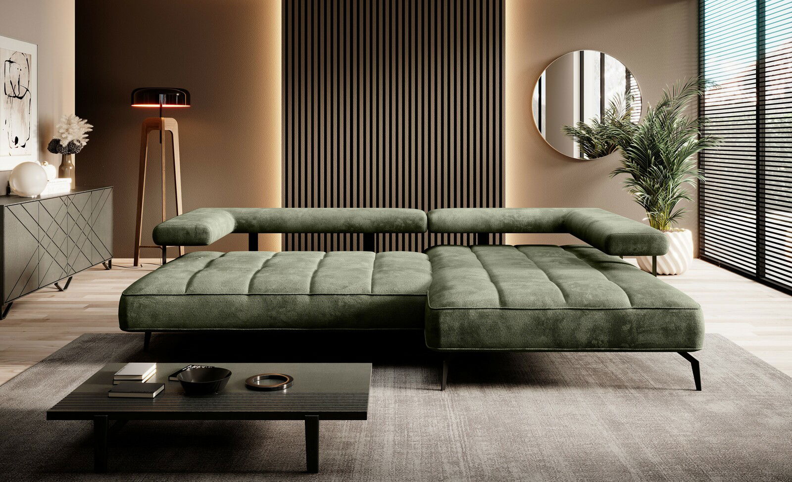 Grüne Longchairkombination in modernem Wohnzimmer, frontal betrachtet, mit stilvoller Dekoration und natürlichem Licht.