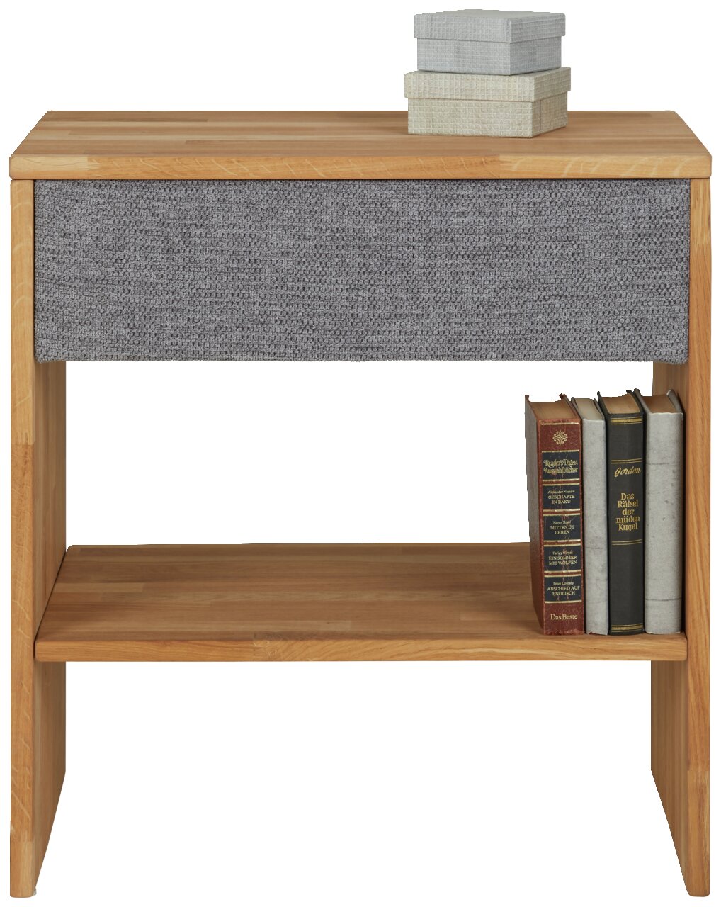 Houten nachtkastje met één lade bekleed met grijze stof, boeken en decoratieve dozen, vooraanzicht
