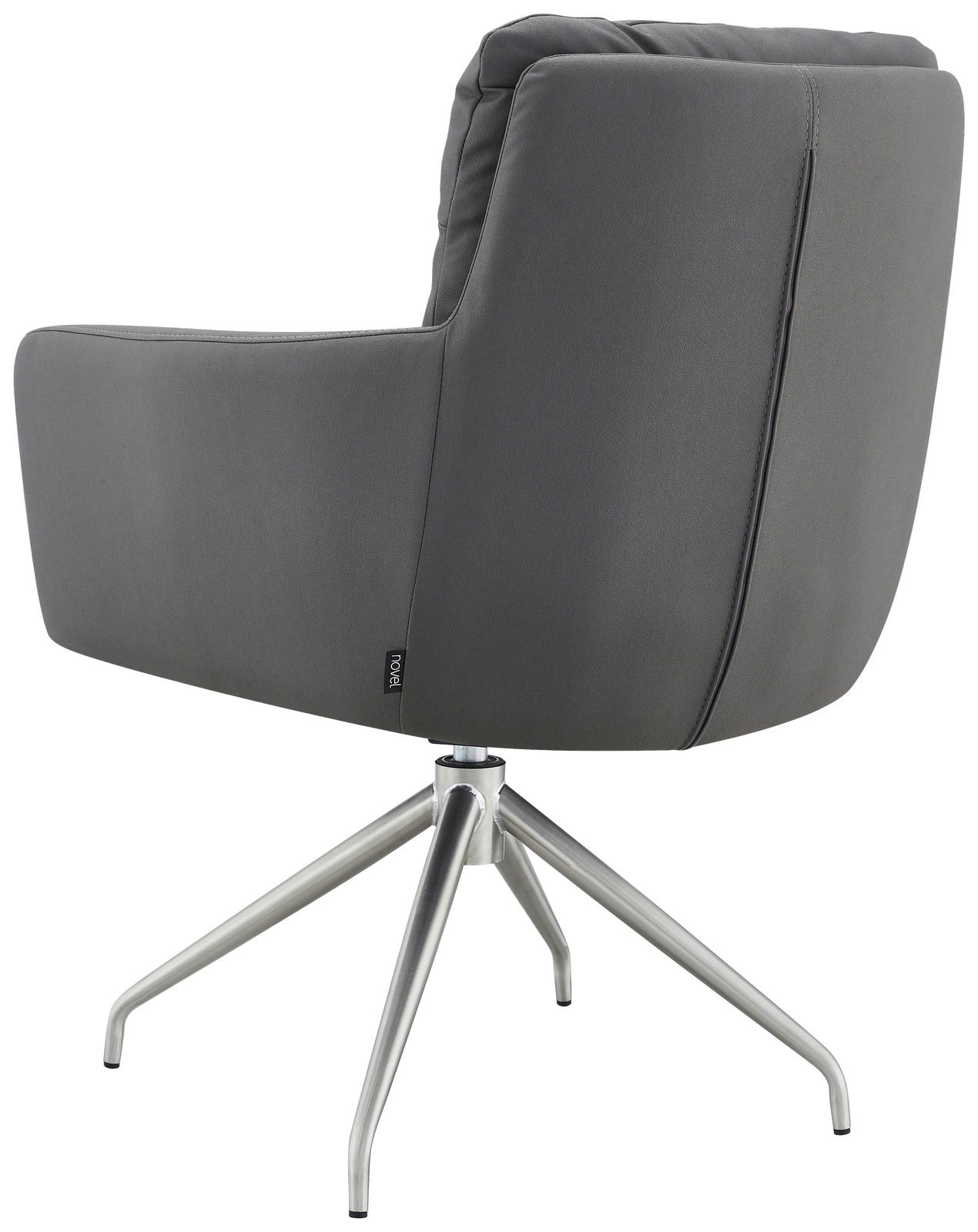 Rückansicht eines grauen Armlehnstuhls mit Metallbeinen