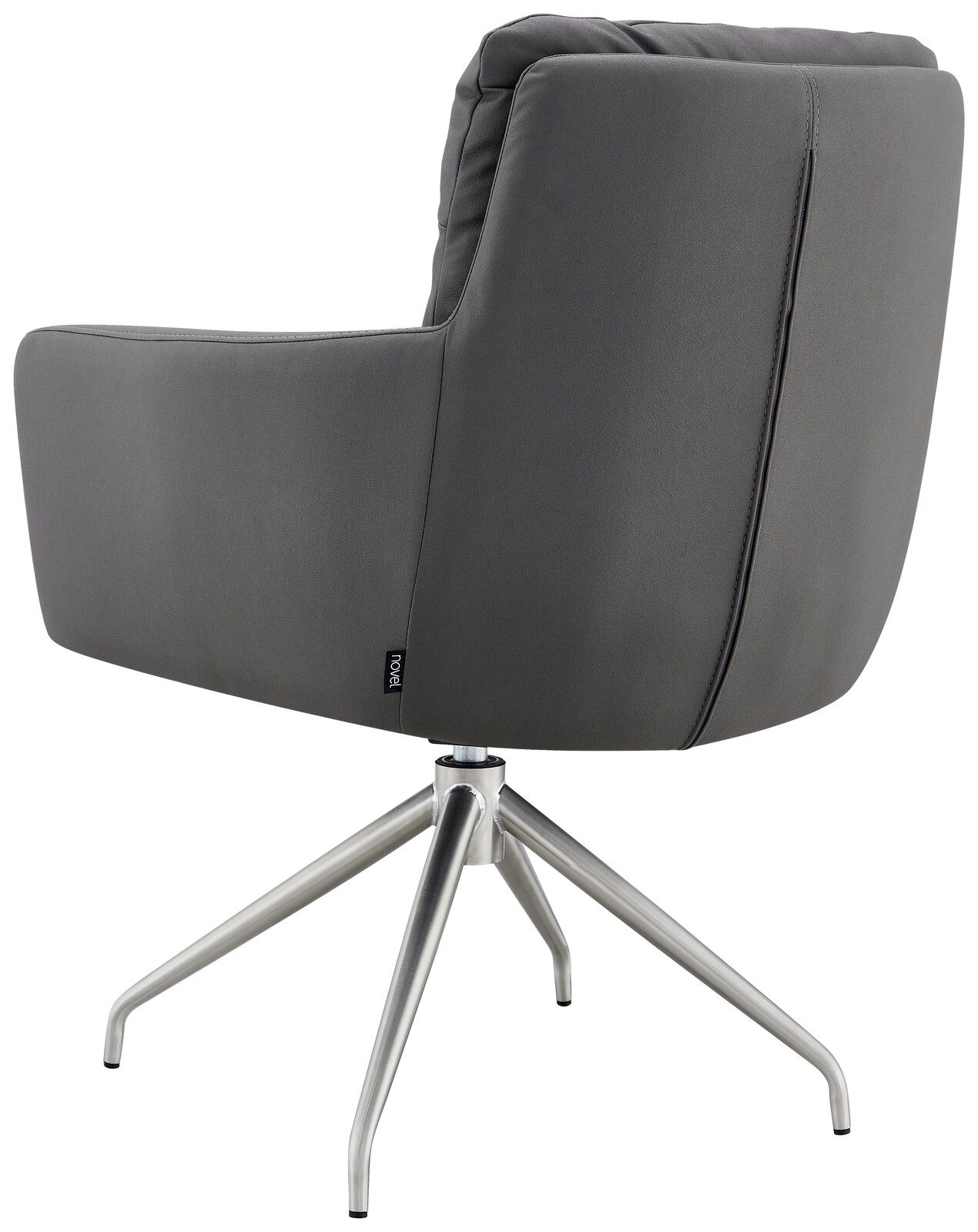 Rückansicht eines grauen Armlehnstuhls mit Metallbeinen