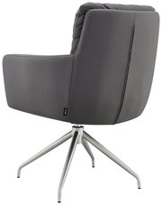 Rückansicht eines grauen Armlehnstuhls mit Metallbeinen