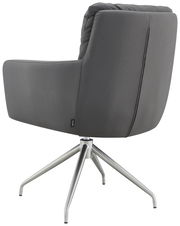 Rückansicht eines grauen Armlehnstuhls mit Metallbeinen