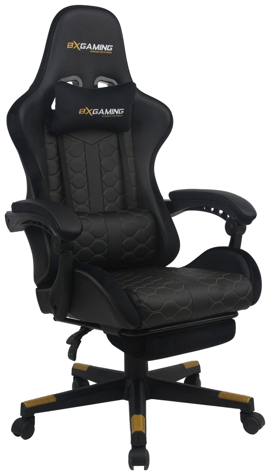 Schwarzer Gaming-Stuhl mit ergonomischem Design, gepolstertem Sitz und Rückenlehne, Armlehnen und verstellbarem Kopfkissen, seitliche Perspektive