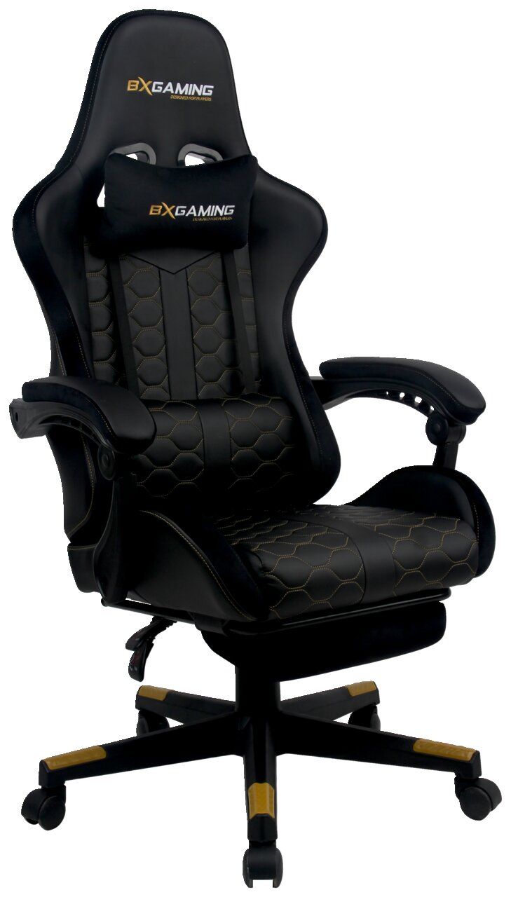 BXGAMING Gaming Stuhl MORTEN Schwarzer Gaming-Stuhl mit ergonomischem Design, gepolstertem Sitz und Rückenlehne, Armlehnen und verstellbarem Kopfkissen, seitliche Perspektive