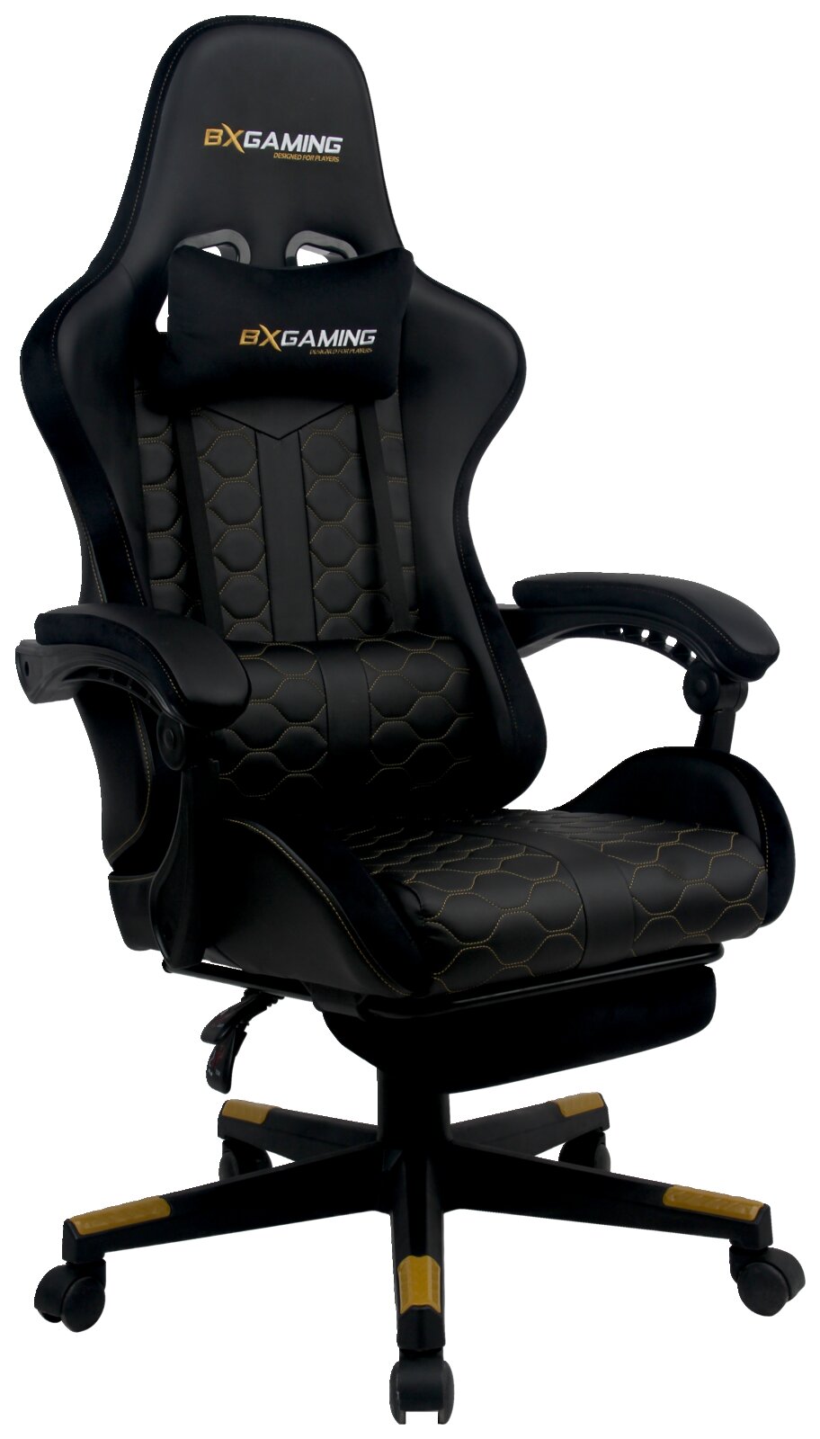 BXGAMING Gamingstoel MORTEN Schwarzer Gaming-Stuhl mit ergonomischem Design, gepolstertem Sitz und Rückenlehne, Armlehnen und verstellbarem Kopfkissen, seitliche Perspektive