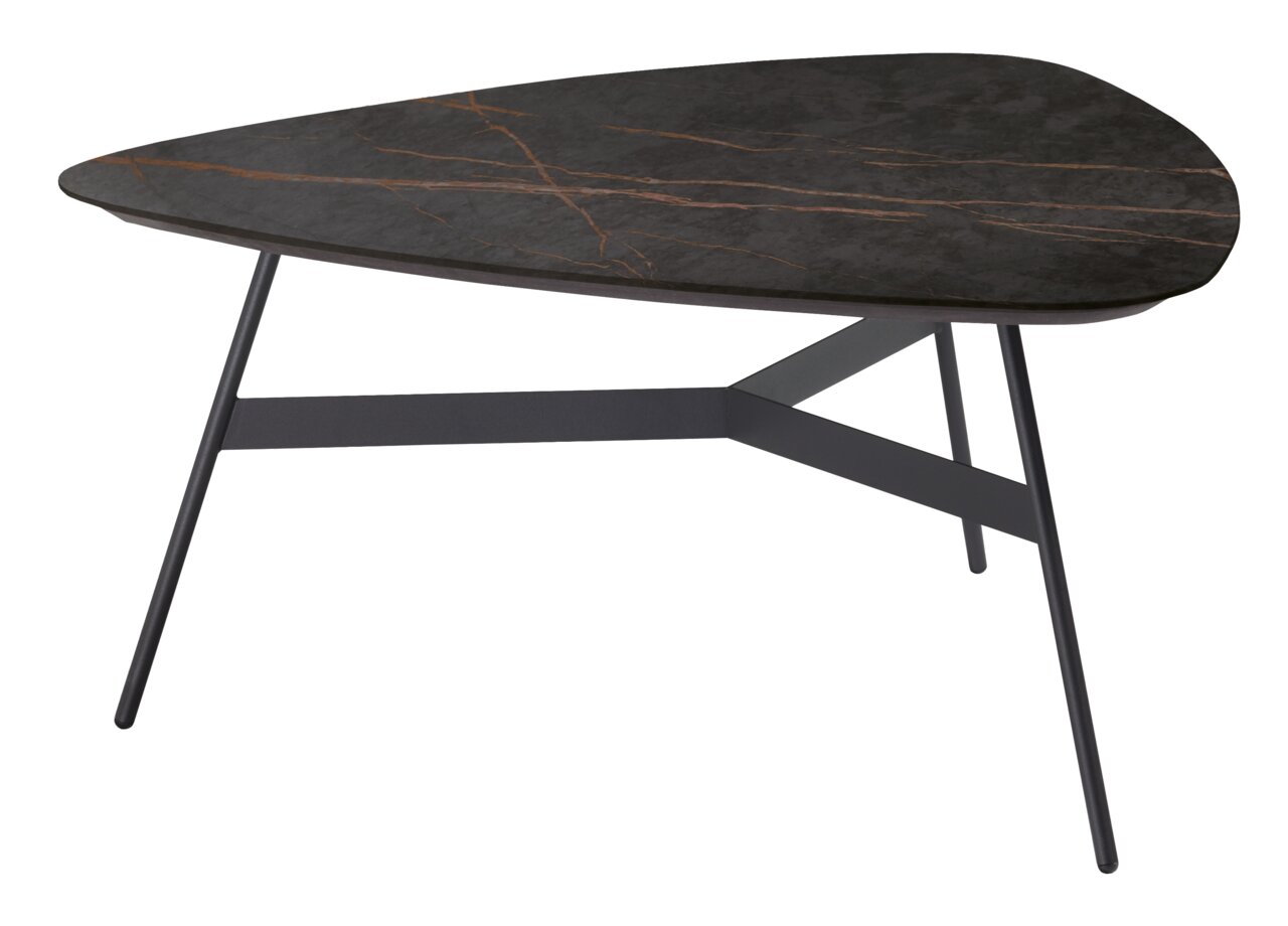 Venjakob Couchtisch COPPA Moderner Couchtisch mit dunkler, unregelmäßig geformter Tischplatte und schlanken Metallbeinen, seitliche Perspektive.