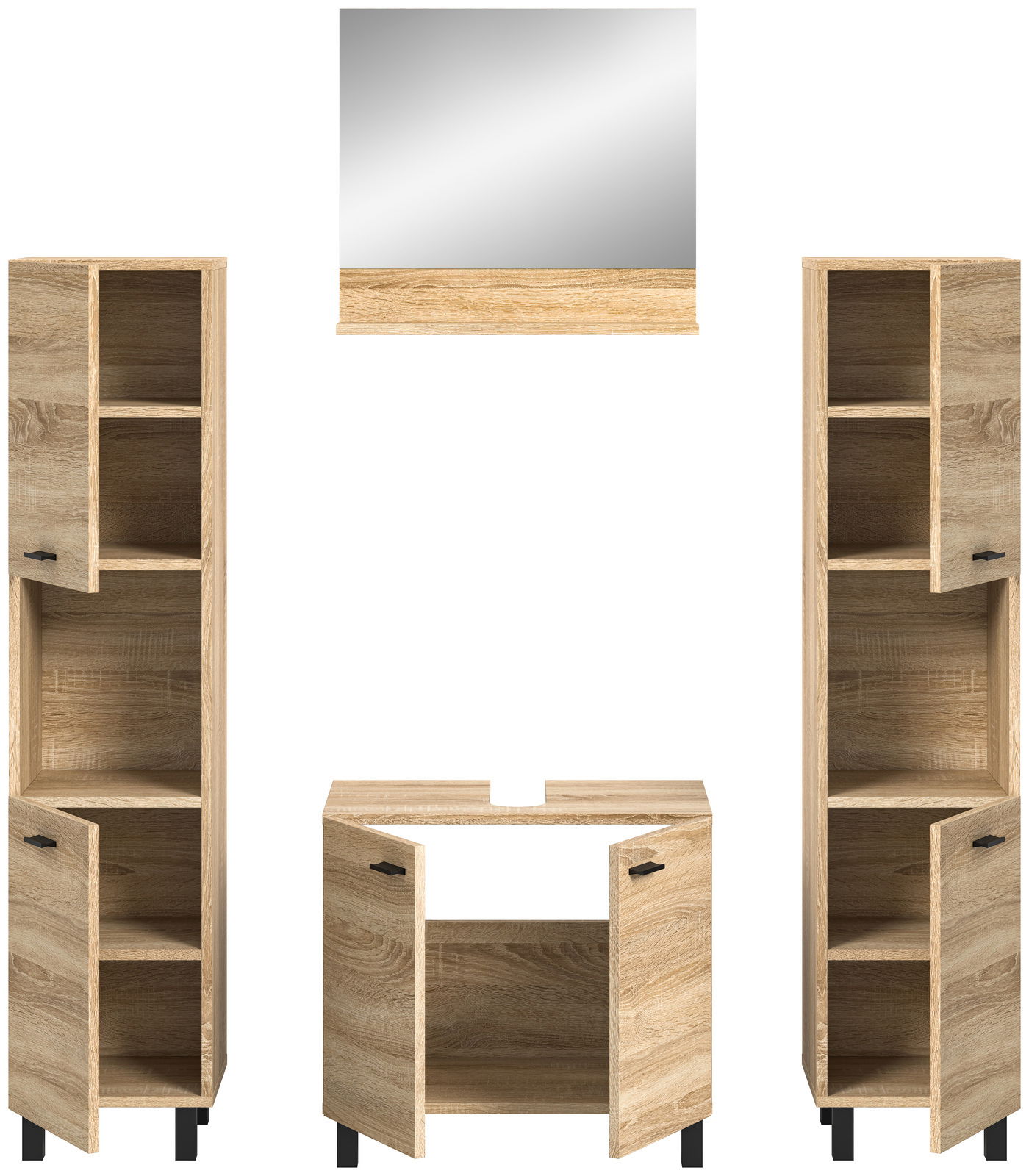 Frontale Ansicht einer Badkombination aus Holzoptik mit zwei hohen Schränken, einem Waschbeckenunterschrank und einem Spiegel.