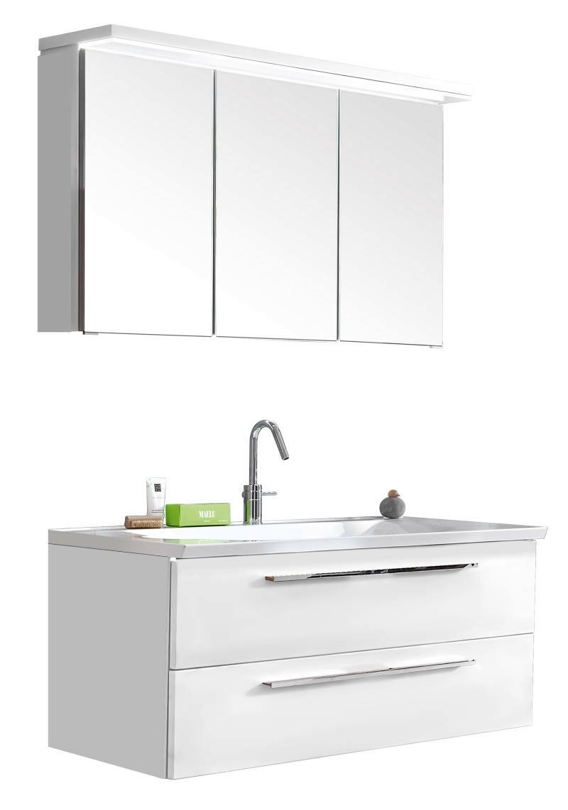 Moderne Badkombination mit Spiegelschrank und Waschbeckenunterschrank, seitliche Perspektive