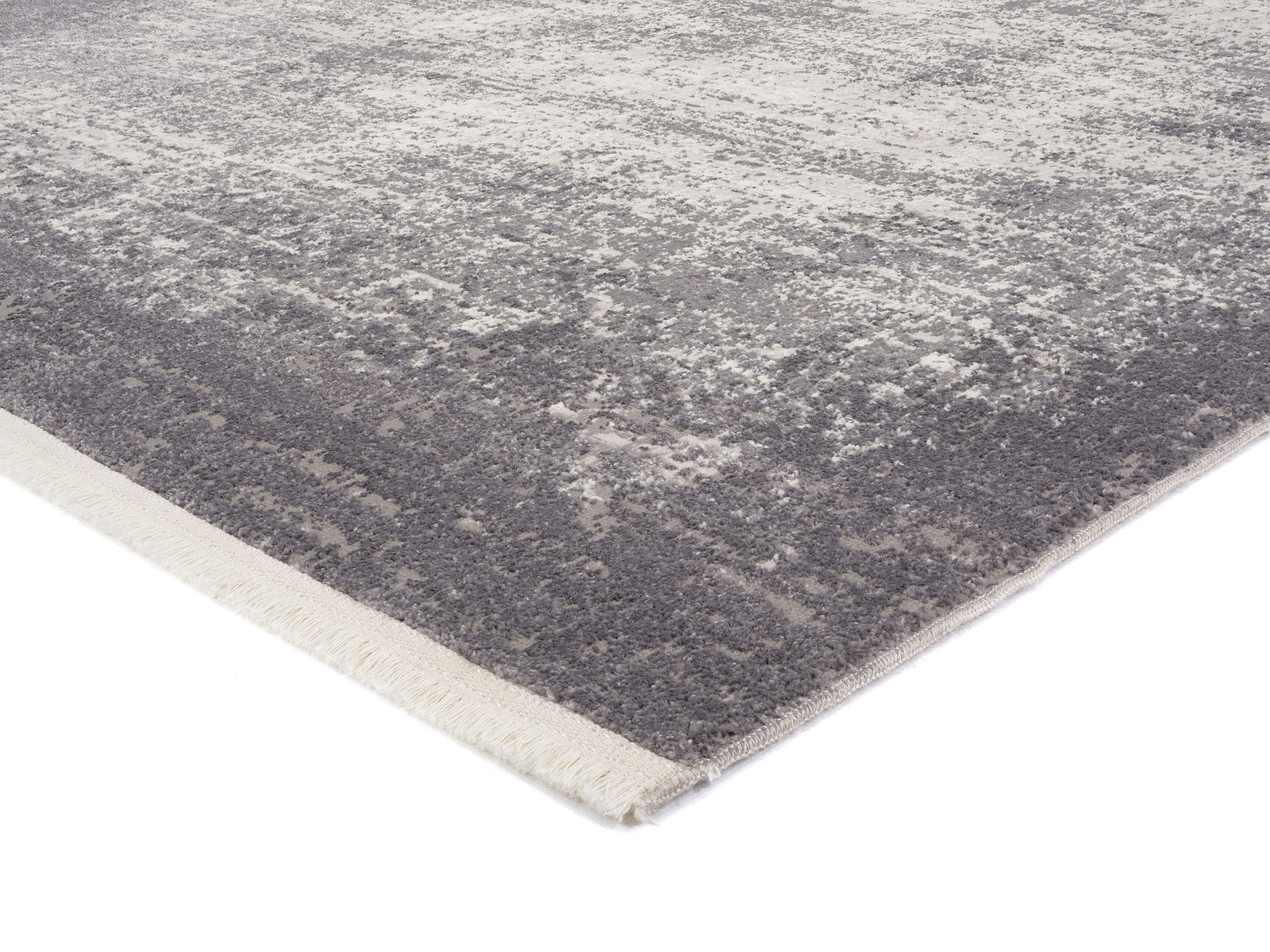 Designer Teppich in Grau- und Beigetönen, Nahaufnahme aus schräger Perspektive