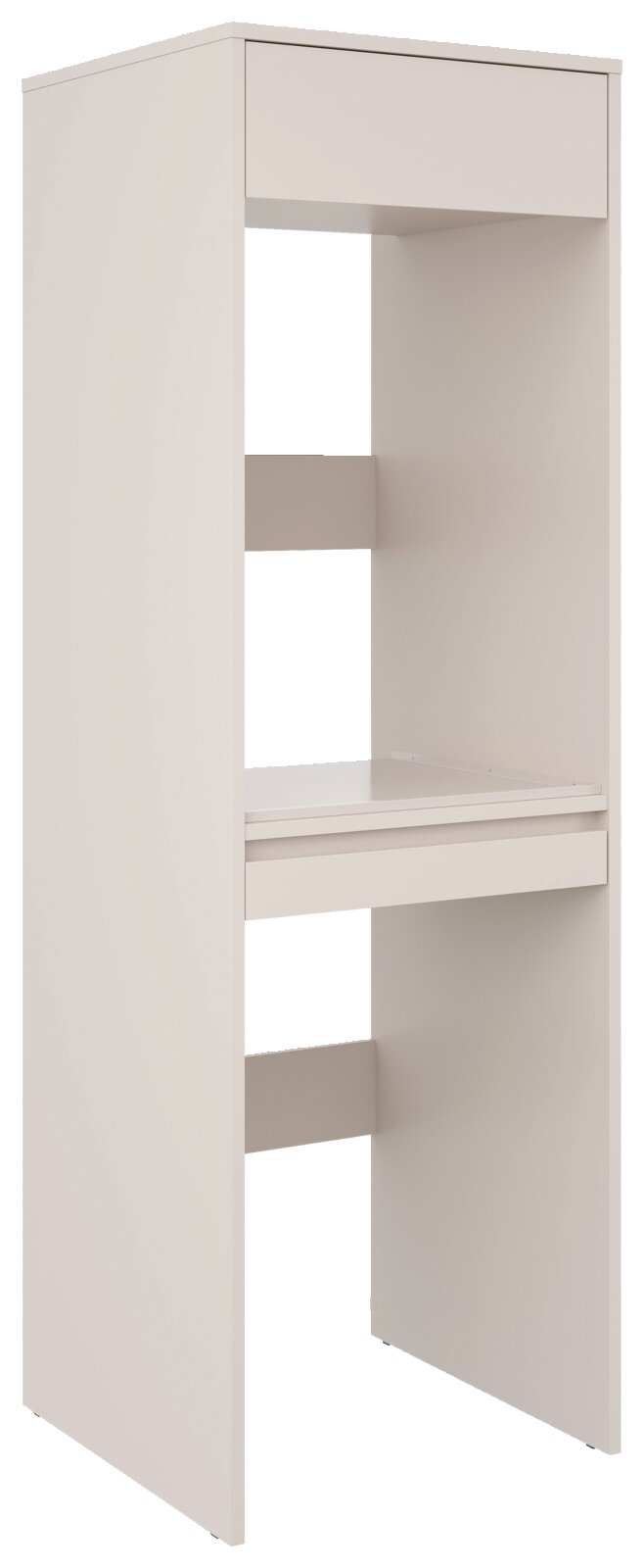 Witte, hoge rek- of kastmodule met twee open vakken en een middelste legplank, vrijstaand, in een licht vooraanzicht met zichtbare linkerkant (3/4-perspectief)