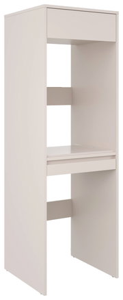 Witte, hoge rek- of kastmodule met twee open vakken en een middelste legplank, vrijstaand, in een licht vooraanzicht met zichtbare linkerkant (3/4-perspectief)