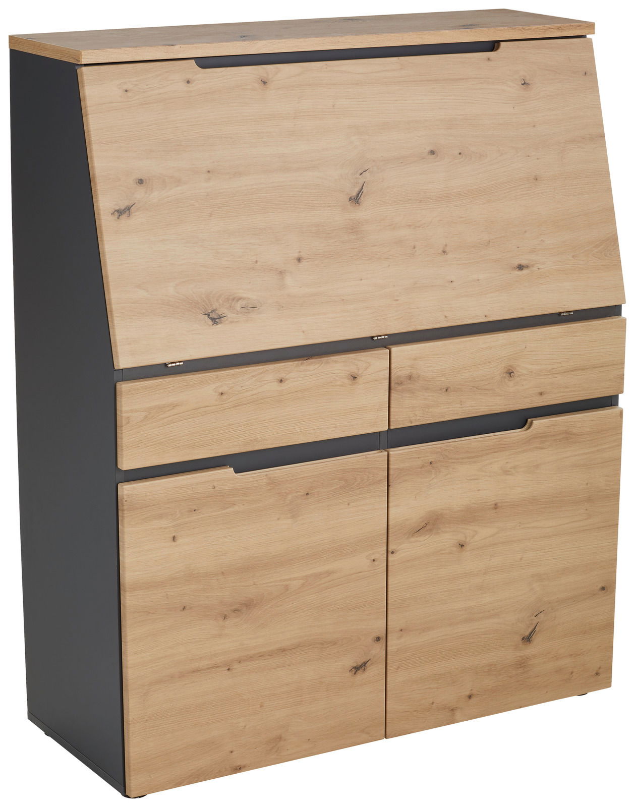 Moderner Sekretär aus Holz mit natürlicher Maserung, Ansicht von schräg vorne.