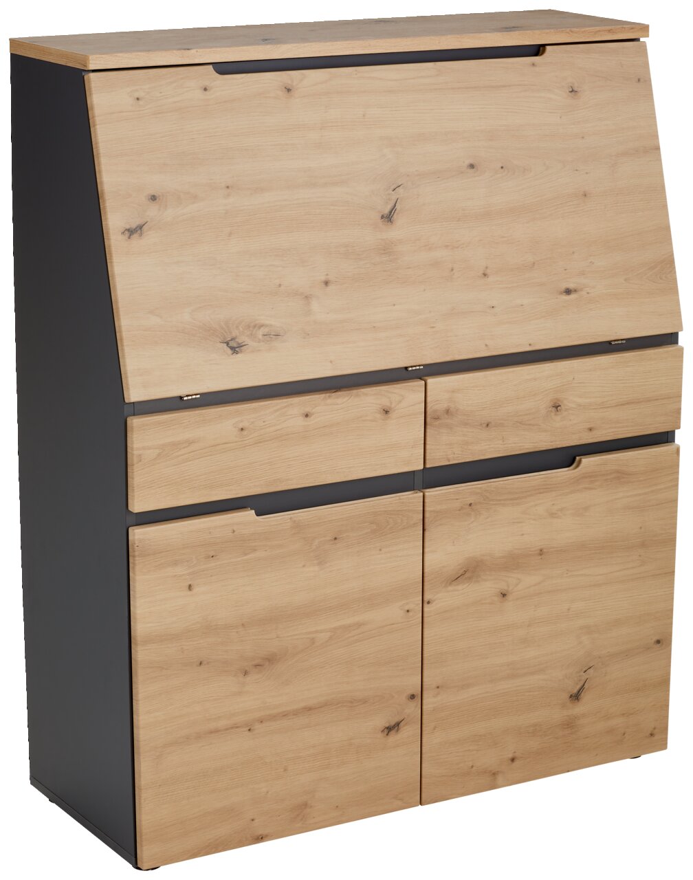 Moderner Sekretär aus Holz mit natürlicher Maserung, Ansicht von schräg vorne.