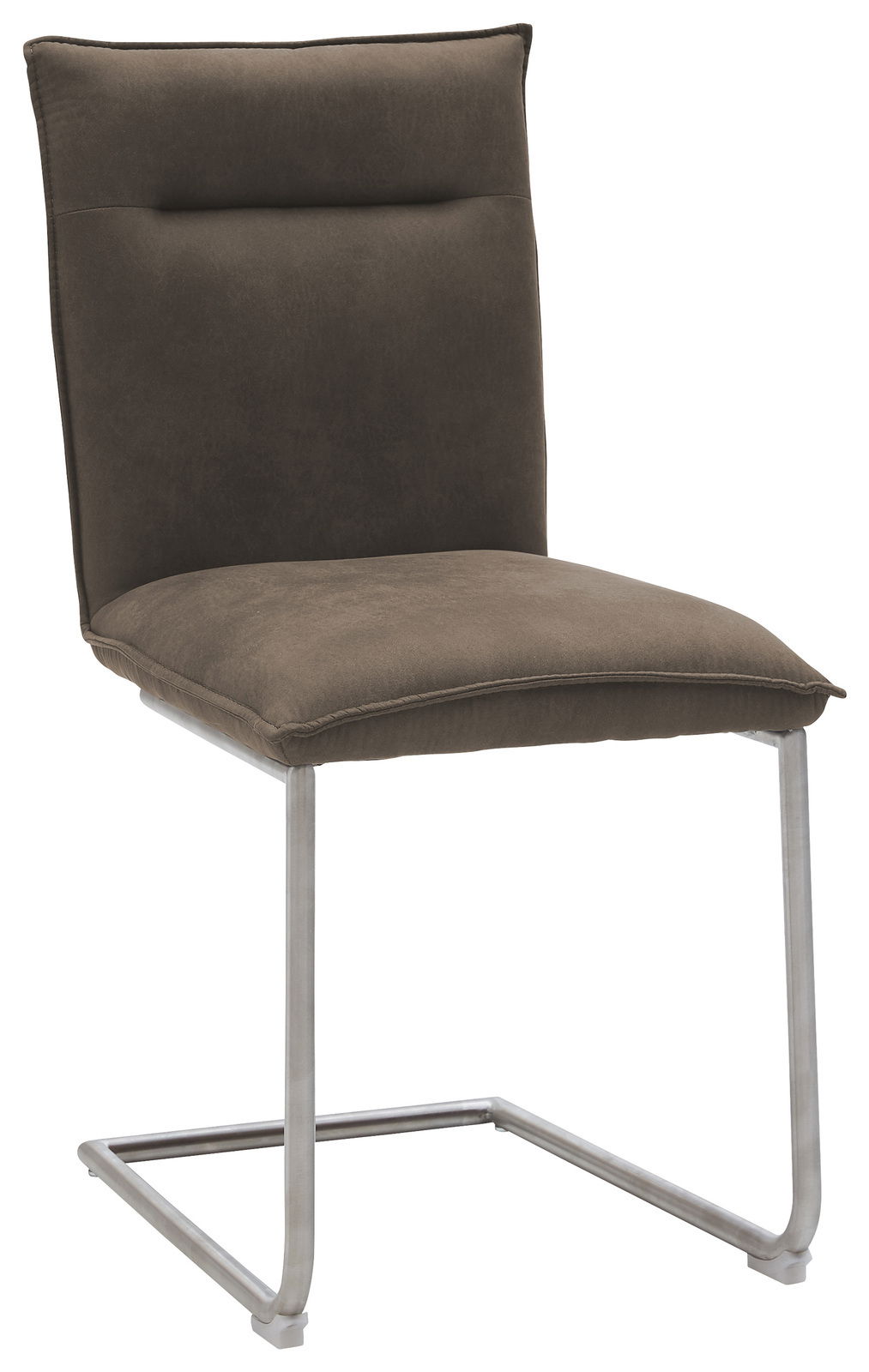 Freischwinger-Stuhl in braunem Stoffbezug mit Metallgestell, seitliche Perspektive