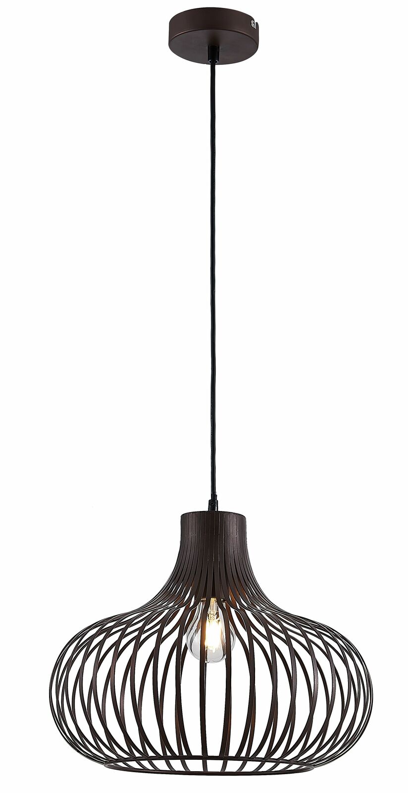 Moderne Hängeleuchte mit schwarzem, drahtförmigem Design und sichtbarer Glühbirne, seitliche Perspektive.