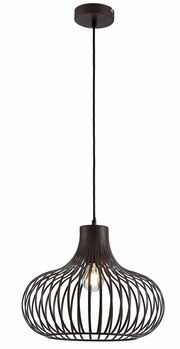 Moderne Hängeleuchte mit schwarzem, drahtförmigem Design und sichtbarer Glühbirne, seitliche Perspektive.